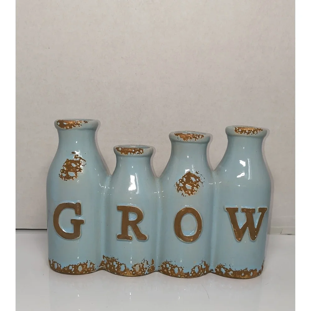 Connected Ceramic Bud Vase Set Aqua Blue & Brown Distressed Finish Shabby‎ Chic